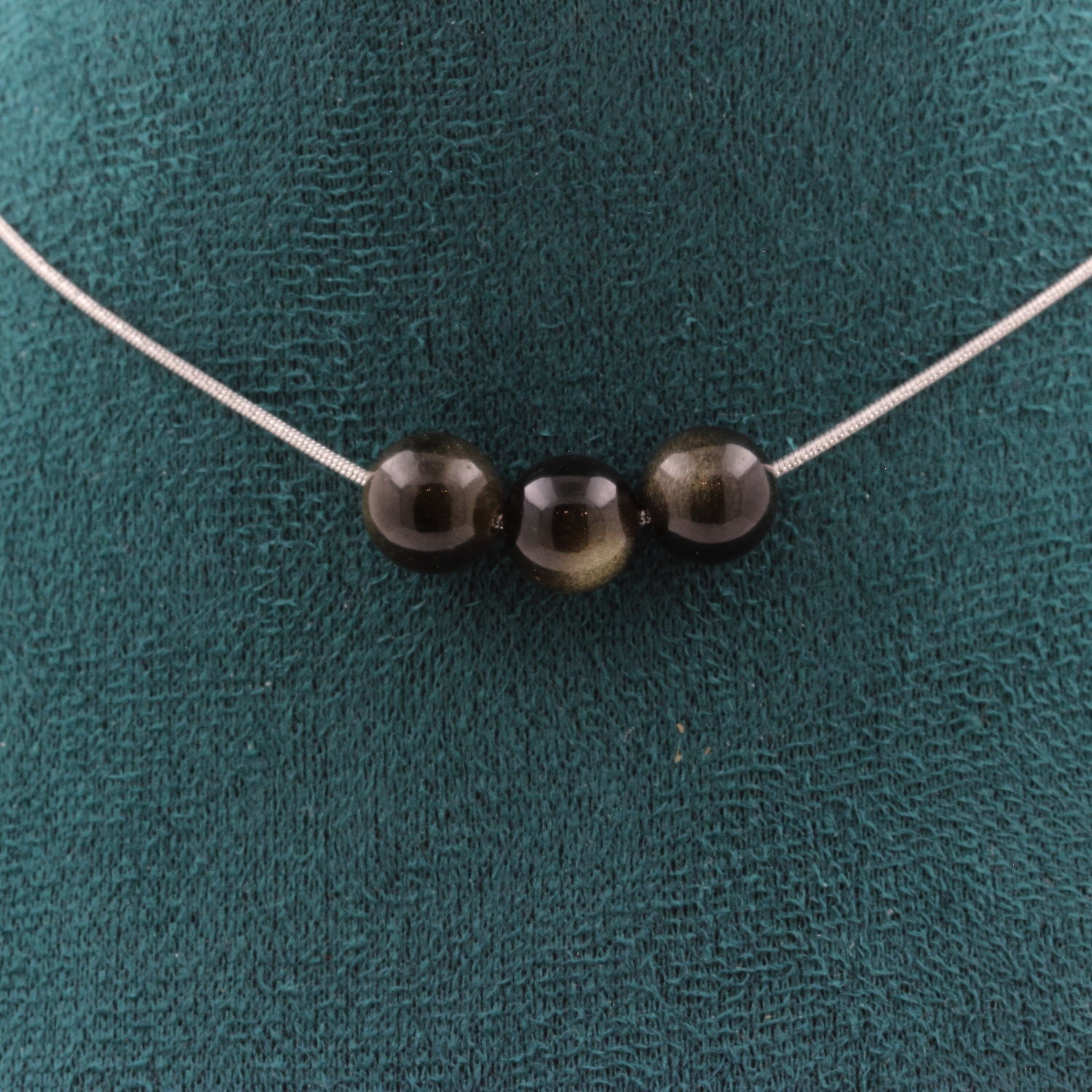 Minerals And Precious Stones. Necklace 3 Golden Obsidian Beads 8 Mm. Chain