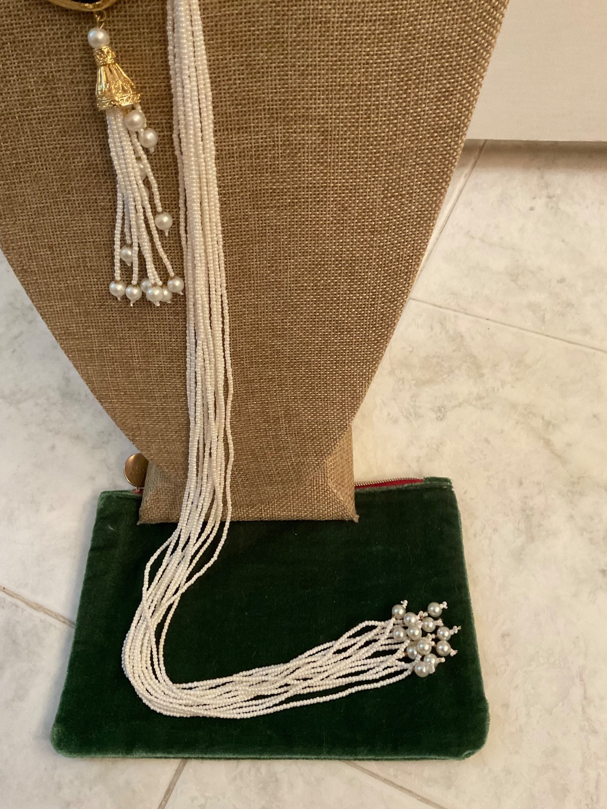 Handmade Necklace w/Long String of Pearls/Gold Plated w/STONE UNIQUE/from TURKEY