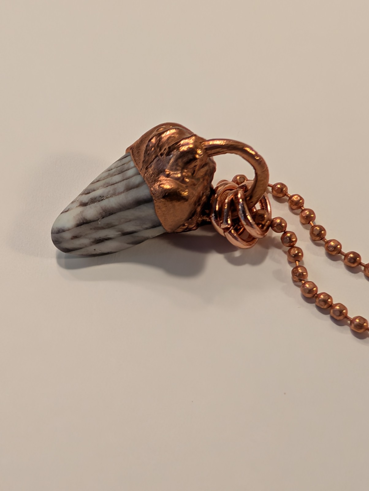Copper Pendant With Petrified Wood And 18″ Copper Ball Chain
