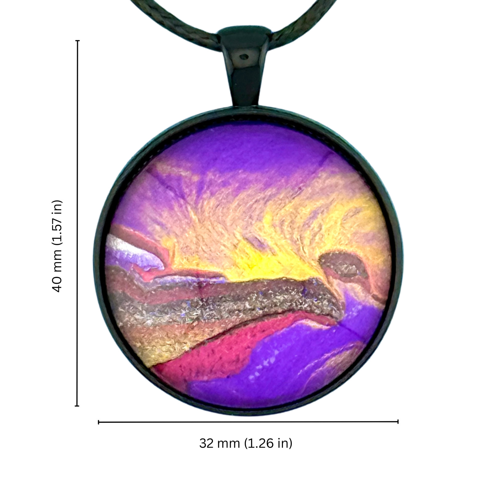 Pendant Necklace Handmade “Sunrise Sky” Black Bezel & Tray 30mm Black Cord