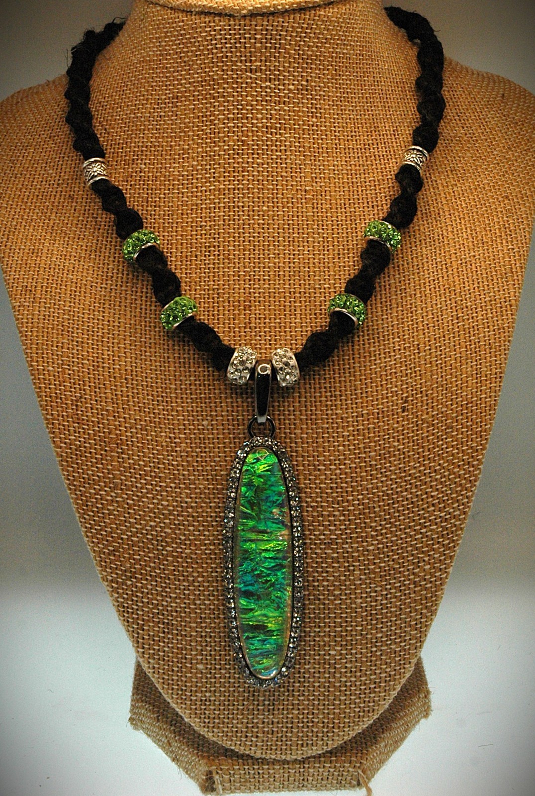 Green Dichroic Long Oval With Rhinestones on a Handmade Black Hemp Necklace 17″