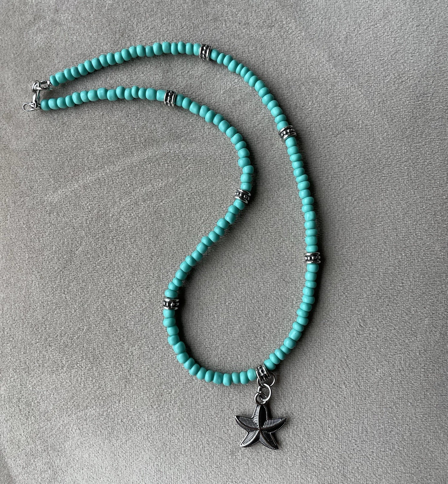 Starfish Pendant Turquoise Blue Beaded Silver Tone Choker Necklace Unisex