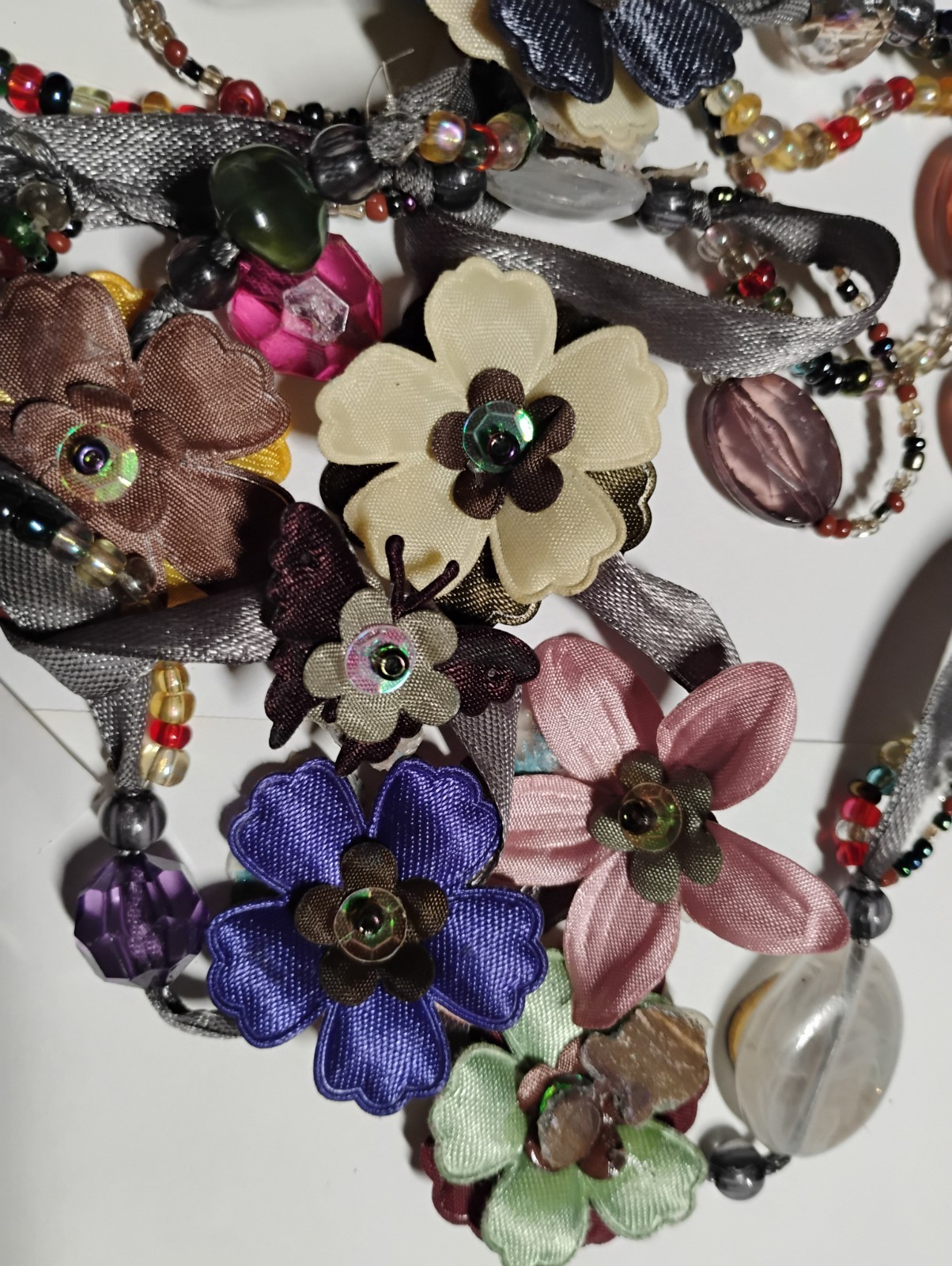 Unique Handmade Ribbon & Rainbow Bead Jewel Tone Floral Lariat 53″ Necklace