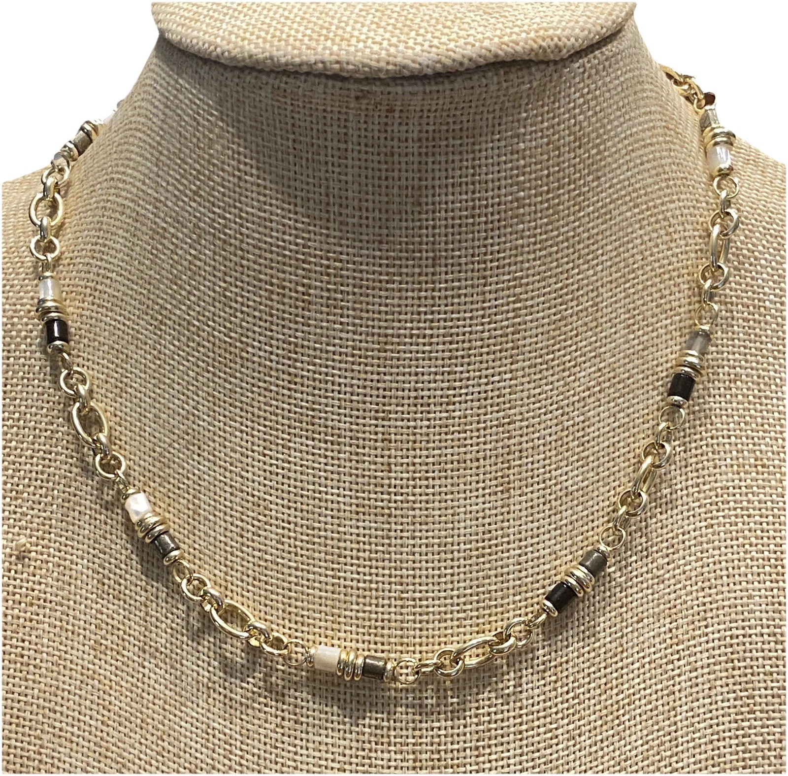 Adjustable Yellow Gold Plated Metal & Stone Bead Necklace 15-1/2″ to 20′