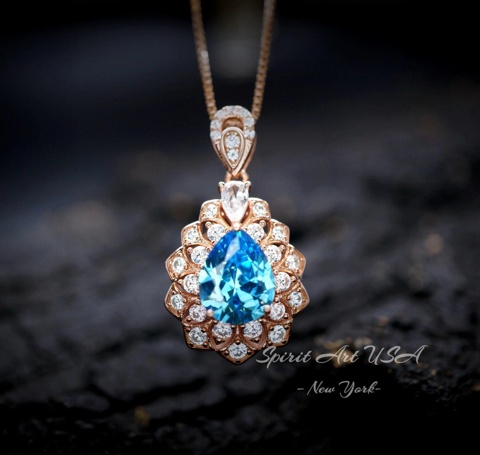Teardrop Blue Topaz Necklace – Rose Gold Sterling Silver – 2.8 CT Double Halo