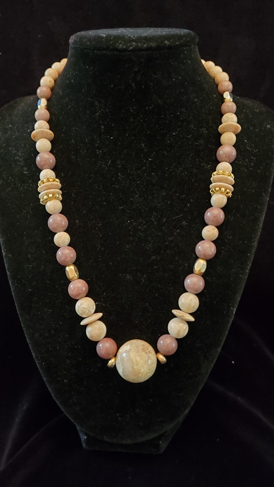 Jasper Beaded Necklace w/ Gold-tone Spacers Earthtone Colors 19″