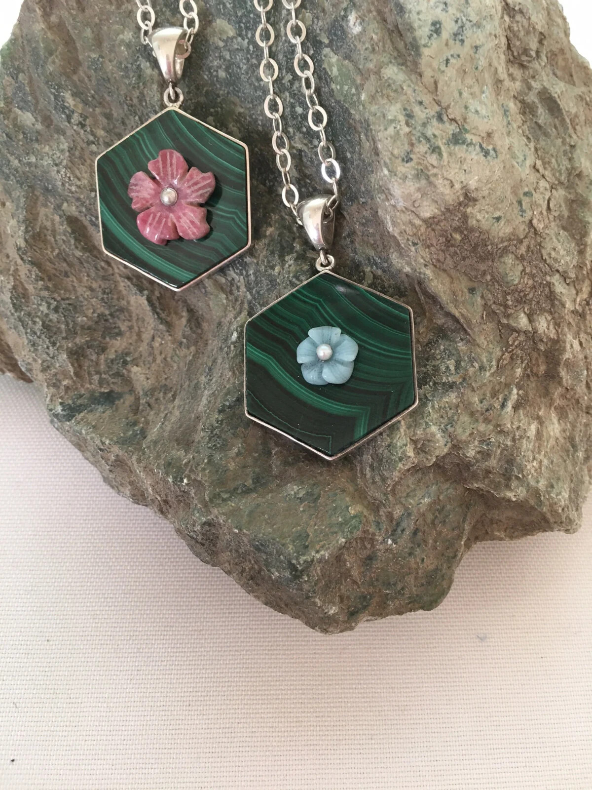 Natural Malachite, Rhodonite or Blue Chalcedony Flower, Sterling Silver Pendant