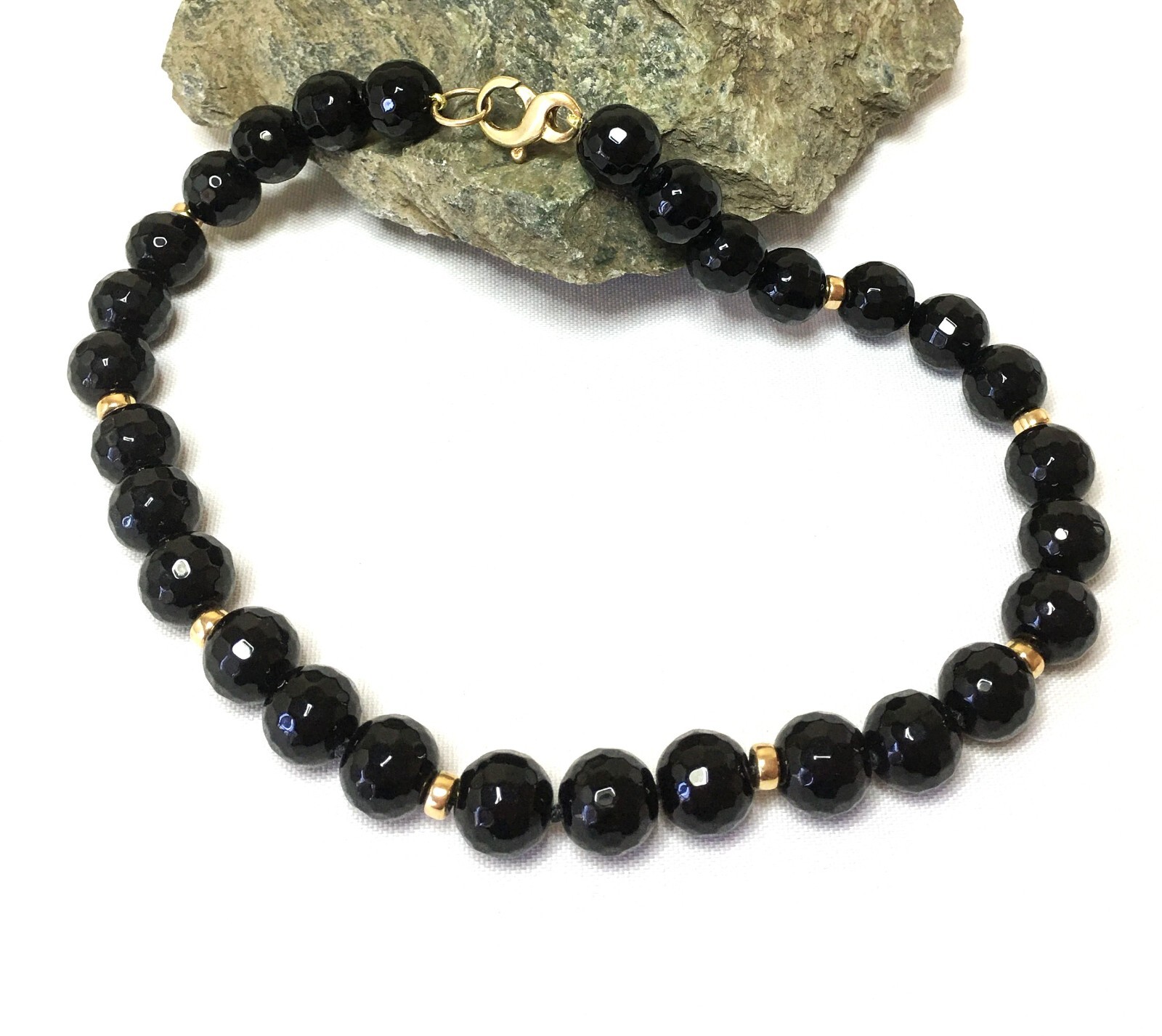 Natural Faceted Black Onyx, Goldfield Handmade necklace, knotted, 17 1/2″ long