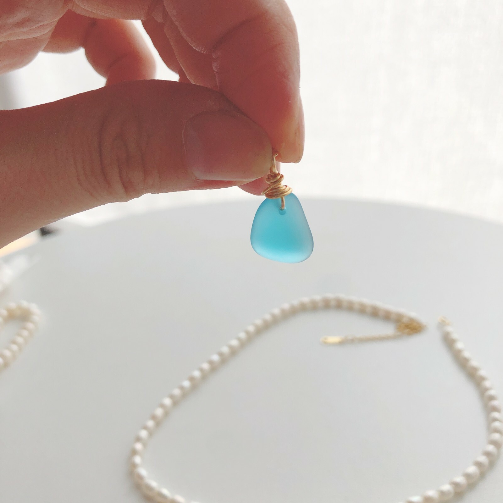 Handmade Sea Glass Pendant Natural Pearl Necklace, Beach Glass Jewelry