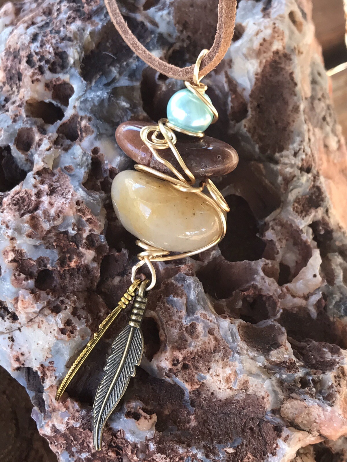 Polished Arkansas Stacked River Rocks Pendant/Necklace/New/Crochet Gift Bag/USA
