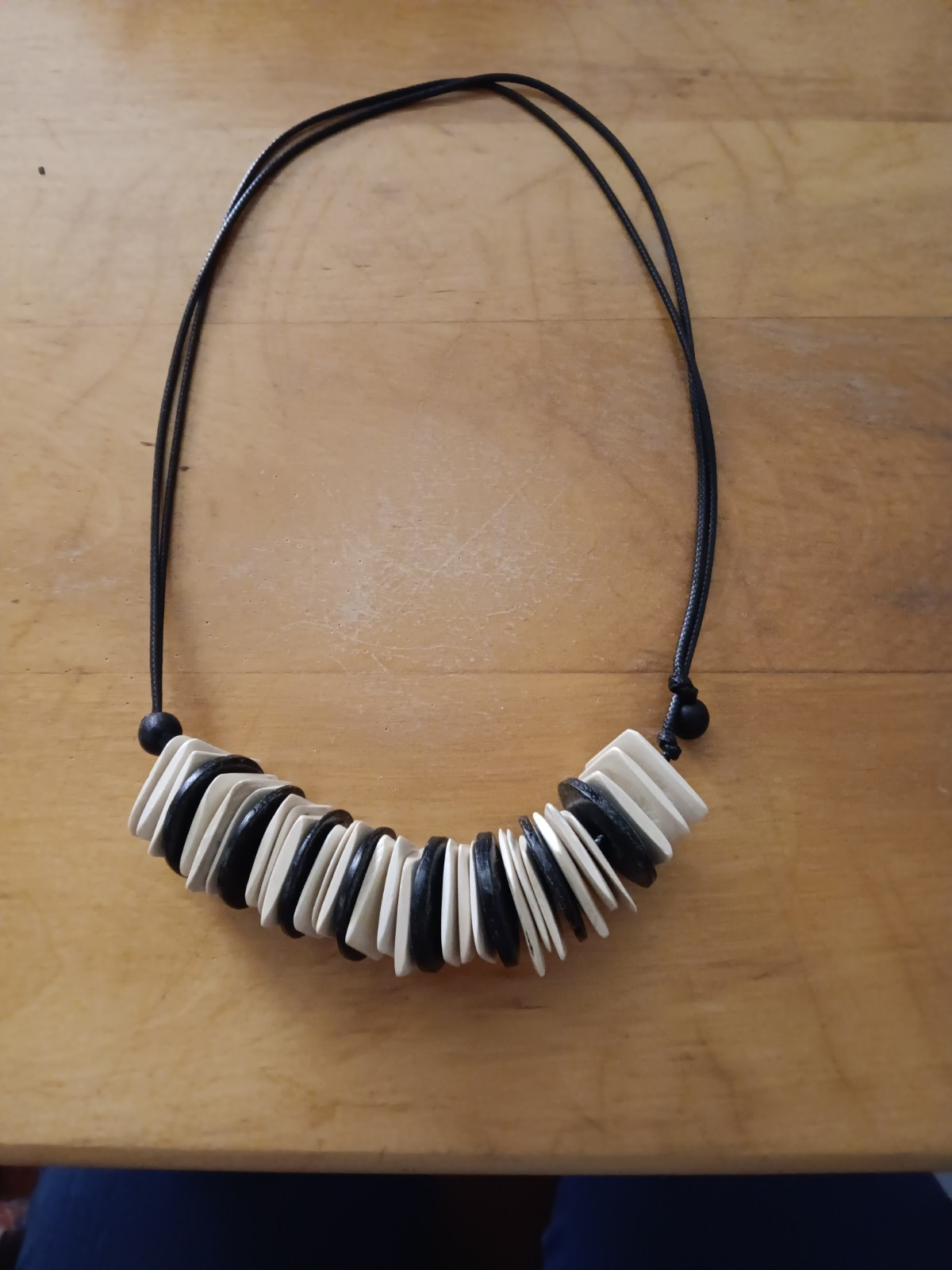 Flat Thin Beige Square Resin Slate Beads Necklace On Adjustable Black Cord