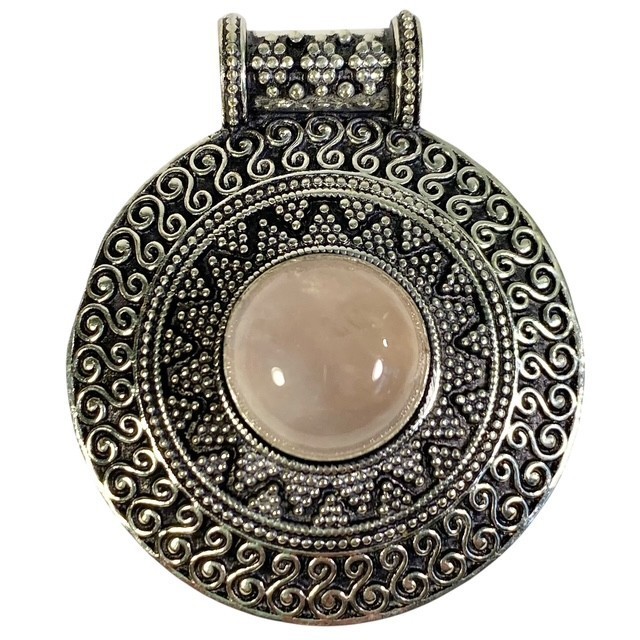 Rose Quartz Cabochon Gemstone Round Mandala Boho Ethnic Pendant Handmade 1.8″