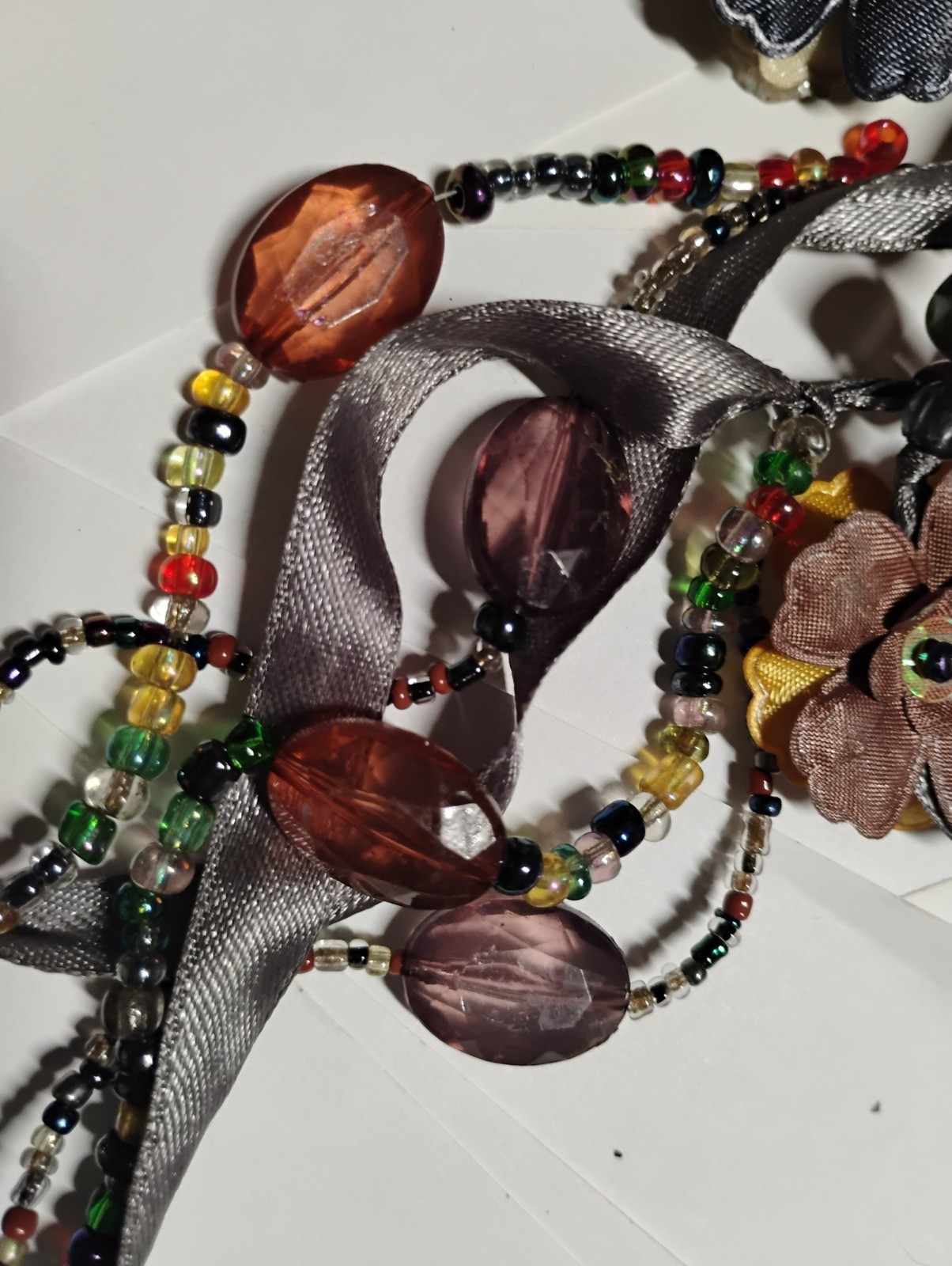 Unique Handmade Ribbon & Rainbow Bead Jewel Tone Floral Lariat 53″ Necklace
