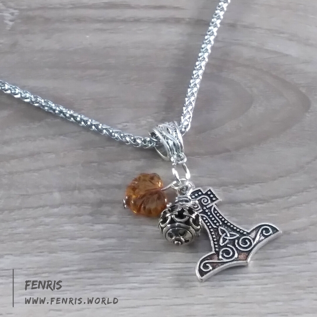 Thor’s Hammer Necklace Silver Amber Leaf Handmade Viking Norse | Fenris