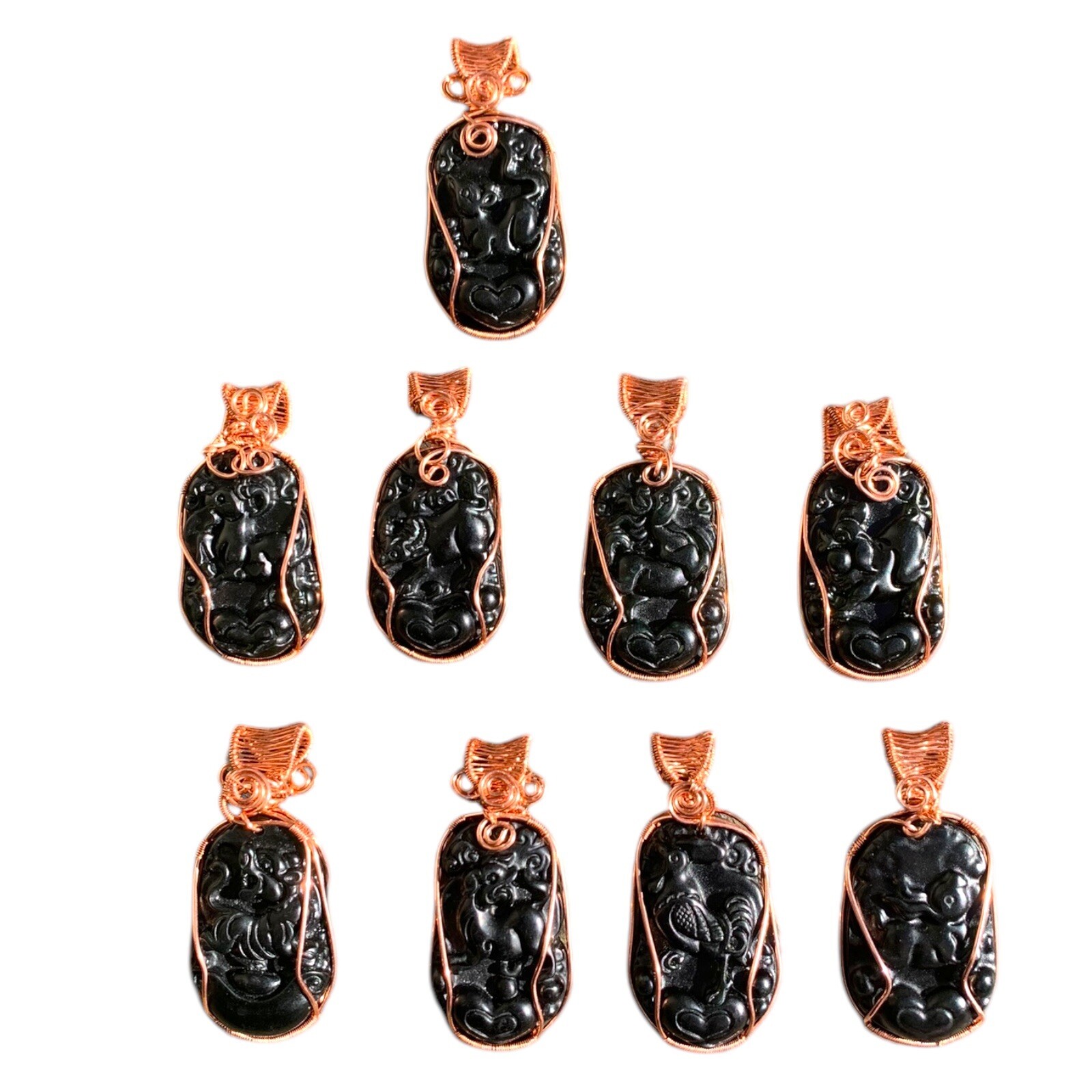 Black Green Jade Necklace Chinese Zodiac Copper Wire Wrap Pendant Animal Jewelry