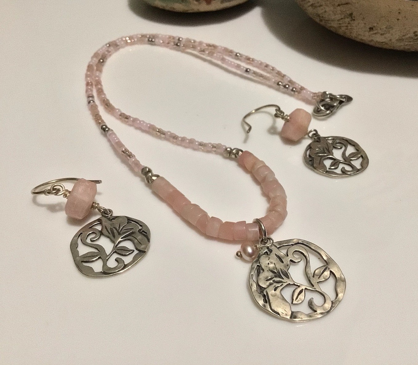 Silpada 925 Sterling FLIRT ALERT Pink Soapstone Necklace & Earrings W2212/N2192