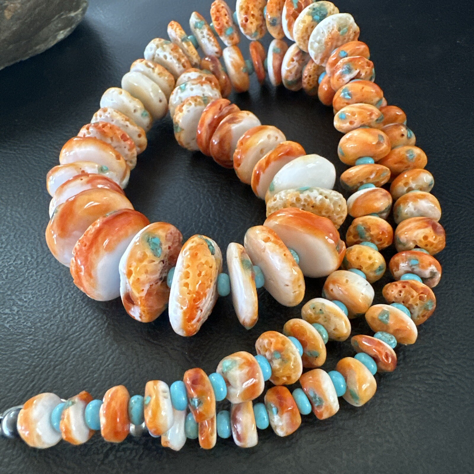 Orange Spiny Oyster Blue Turquoise Navajo Sterling Silver Necklace 23″ 18087