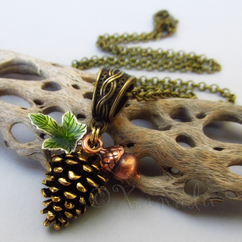 Golden Autumn Necklace With Gold Pine Cone, Copper Acorn And Green Leaf Charms