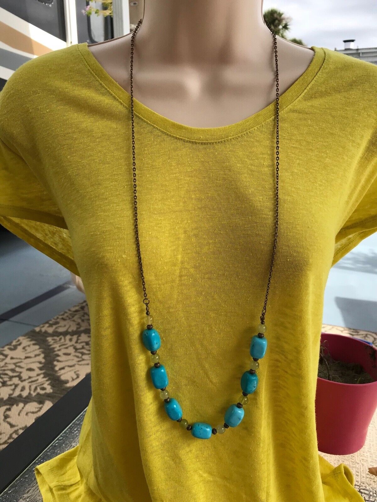 Bronze Chain Necklace Chalk Turquoise Nuggets and Round Green Stone Beads