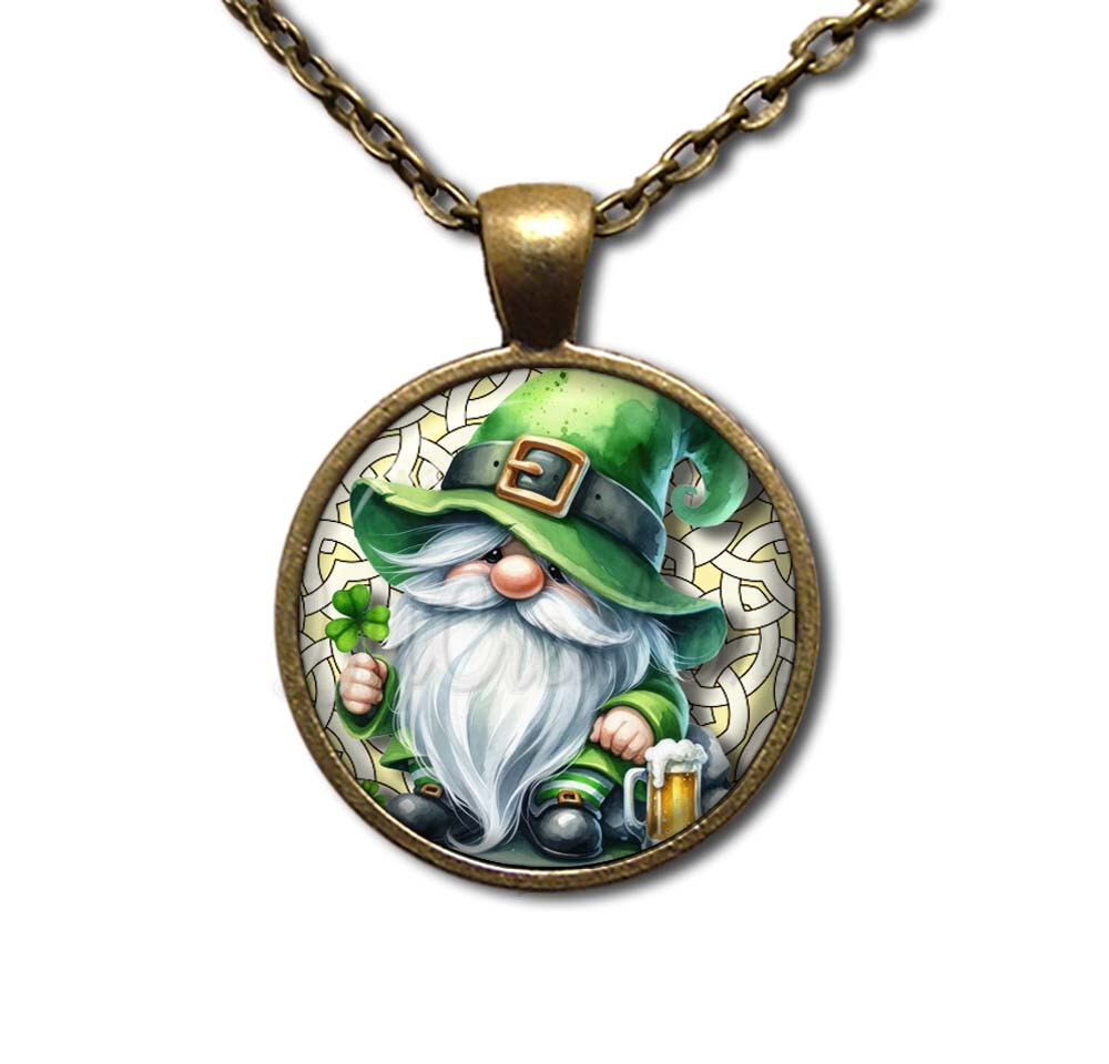 St. Patrick’s Day Cute Gnome Shamrock – Handmade ROUND Glass Pendant Necklace