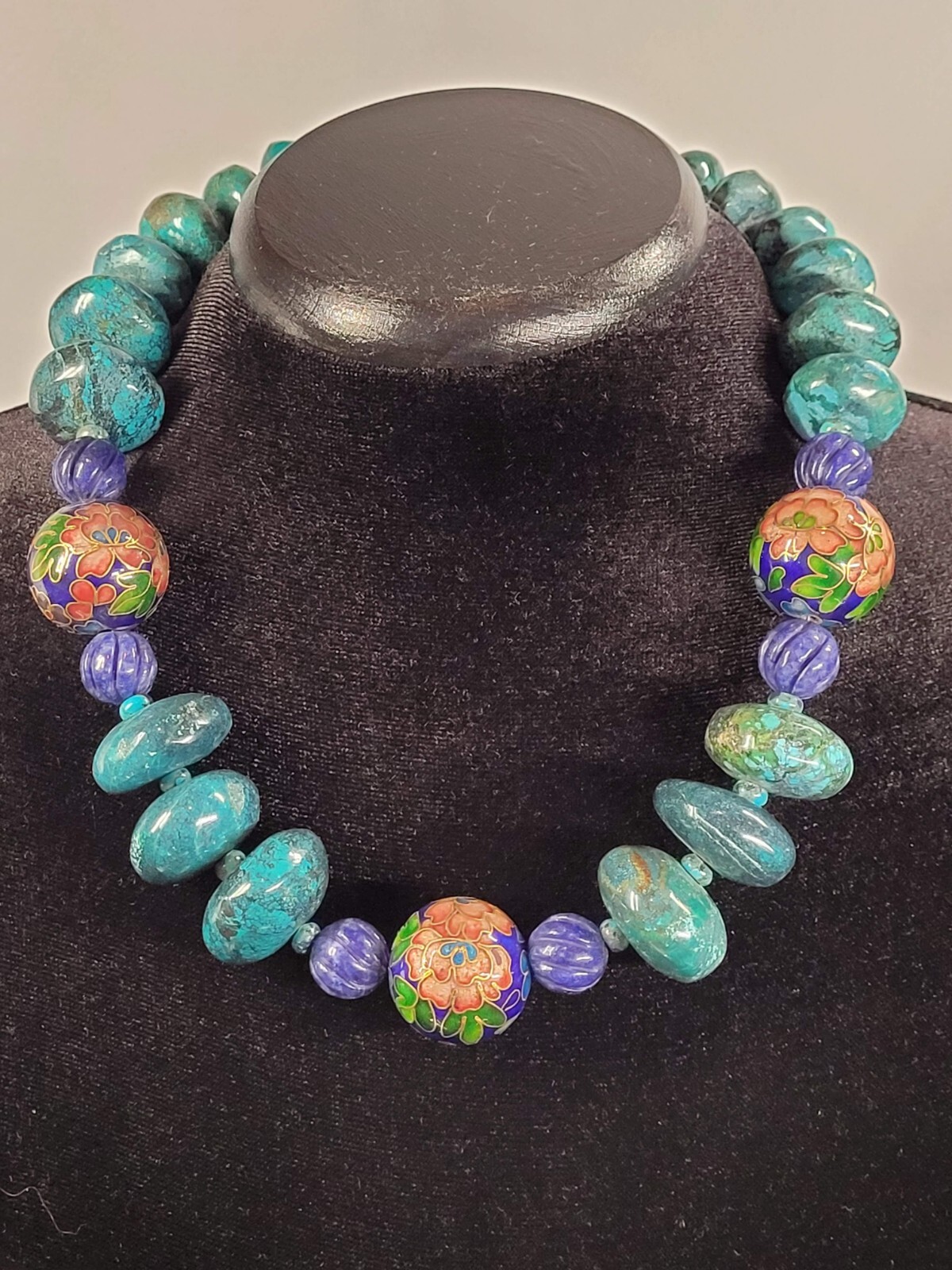 OOAK HANDMADE ARTISAN NECKLACE WITH ARIZONA KINGMAN TURQUOISE AND CLOISONNE