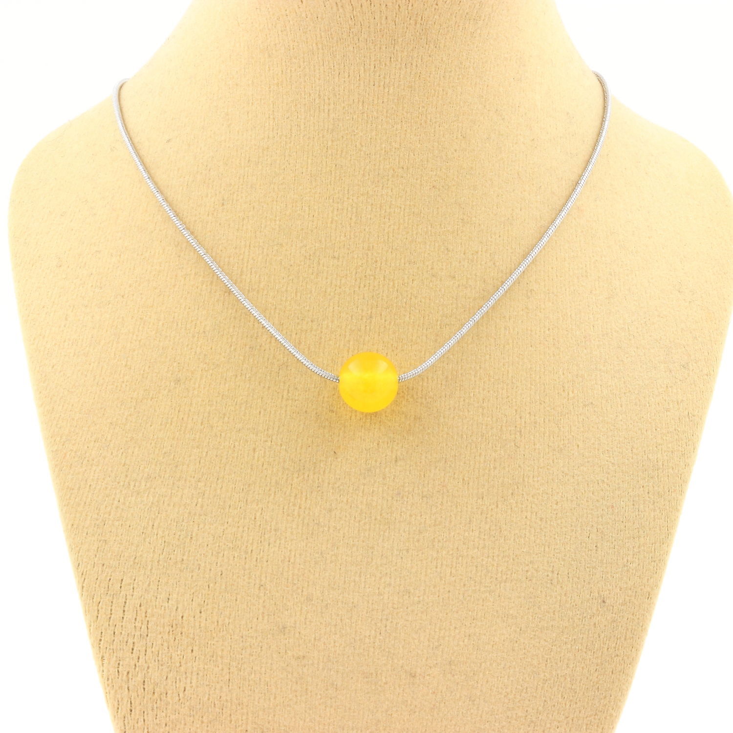 Stones And Minéraux. Necklace 1 Pearl Agate Yellow 8 Mm. Chain Steel Mirror