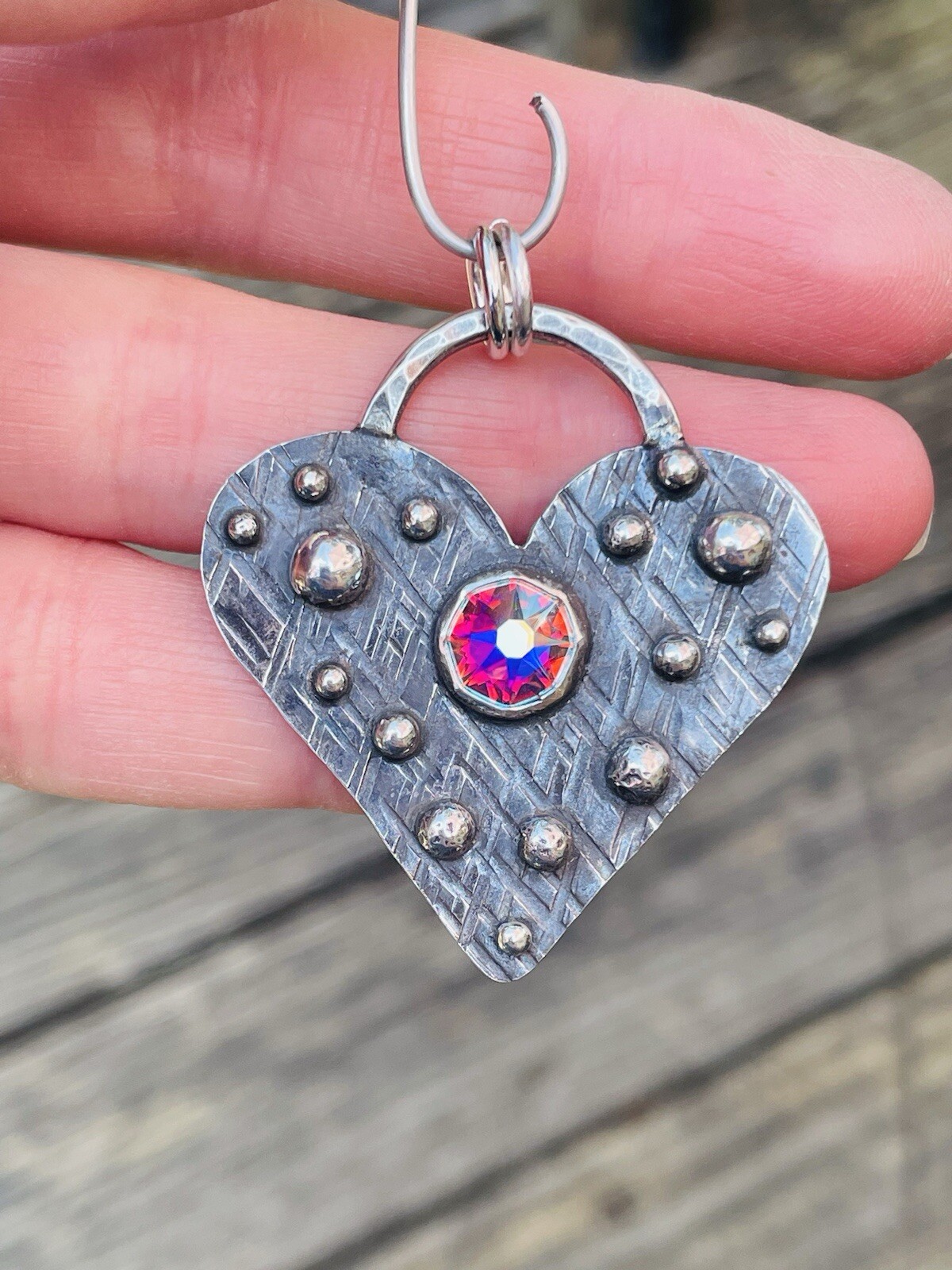 STERLING SILVER HEART PENDANT SWAROVSKI RUSTIC BRUTALIST Heart Jewelry HHandmade