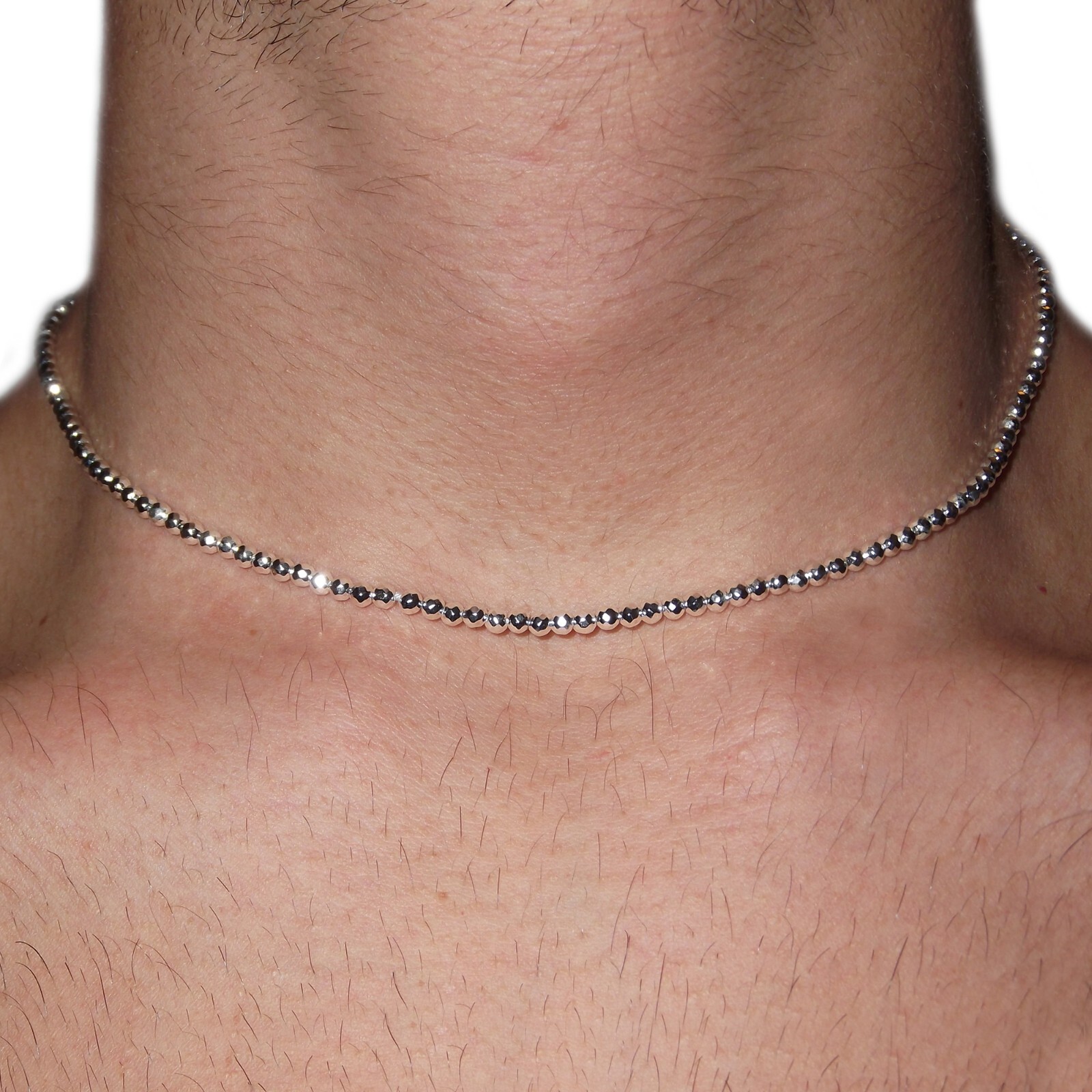 Men’s Necklace in Real Silver and Natural Hematite Stones Jewelry 45 Cm