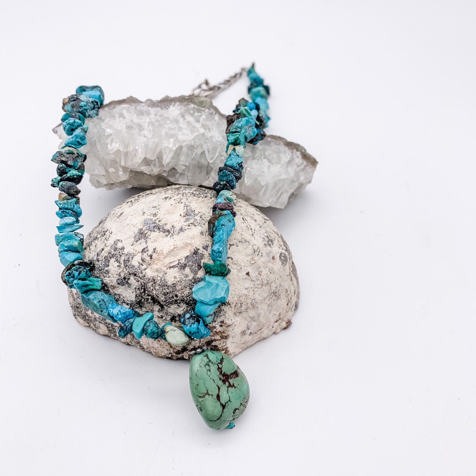 Chunky Natural Turquoise Pendant Necklace/Boho/Southwest/1980s