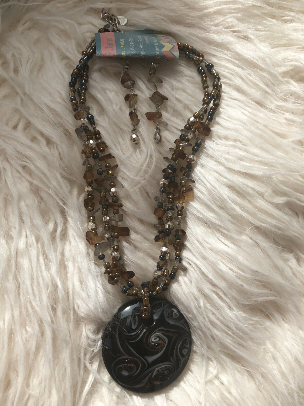 Boutique Black Silver Brown Gold Mixed Bead Pendant NECKLACE & EARRINGS Set NWT