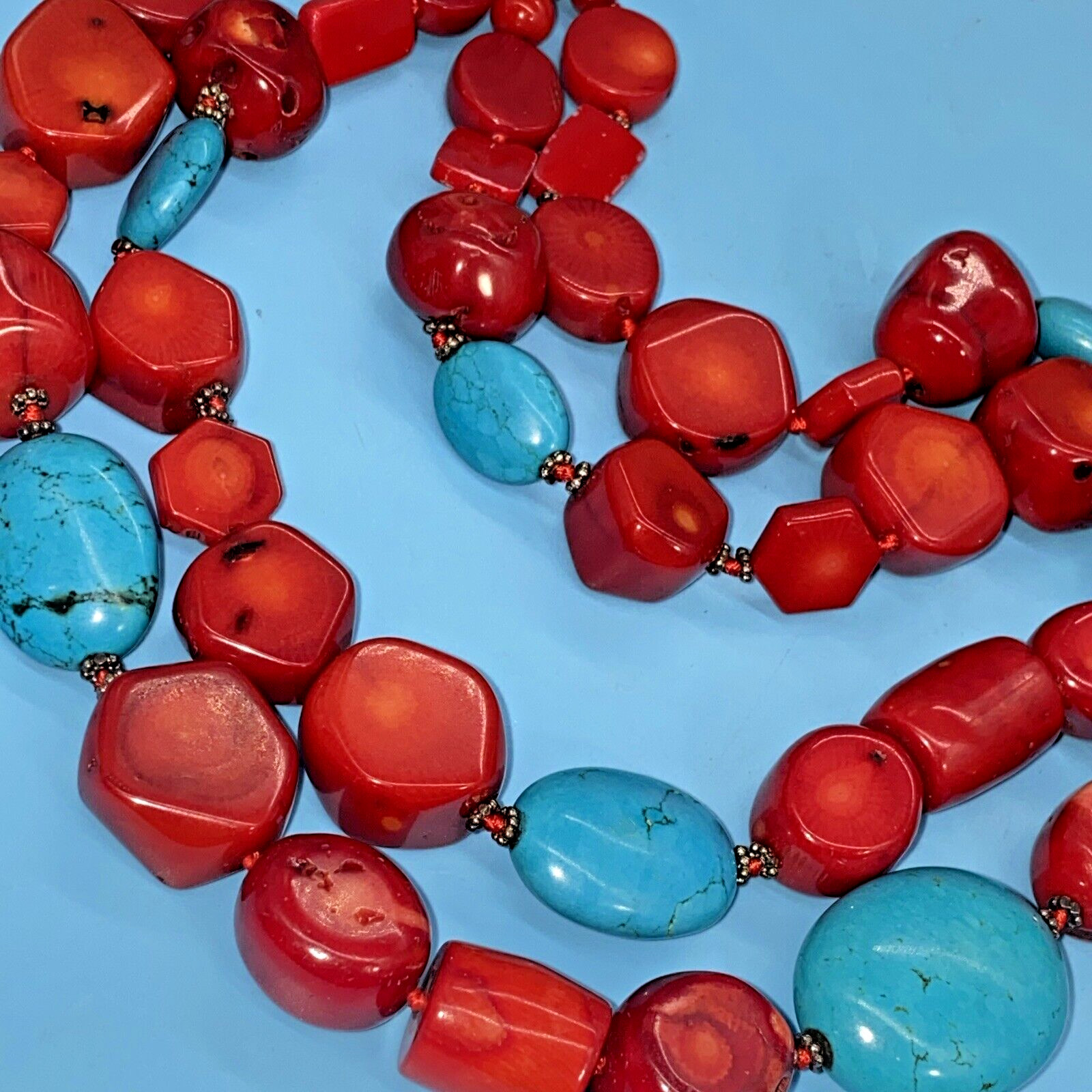 Chunky 2 Strand Textured Irregular Beads Red Bamboo Coral & Howlite Necklace VTG