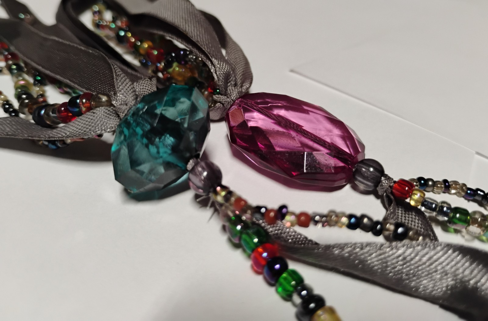 Unique Handmade Ribbon & Rainbow Bead Jewel Tone Floral Lariat 53″ Necklace