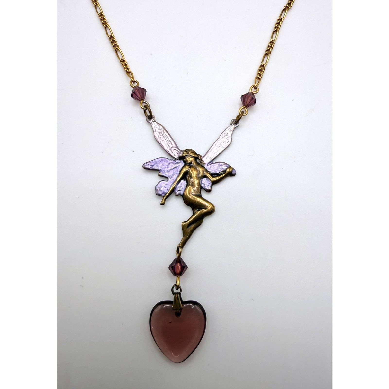 Gold plated art nouveau style fairy purple enamel and crystal necklace