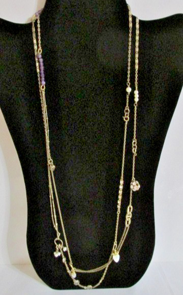 J#35 – Metal chain Necklace with multicolored beads. 59″ long