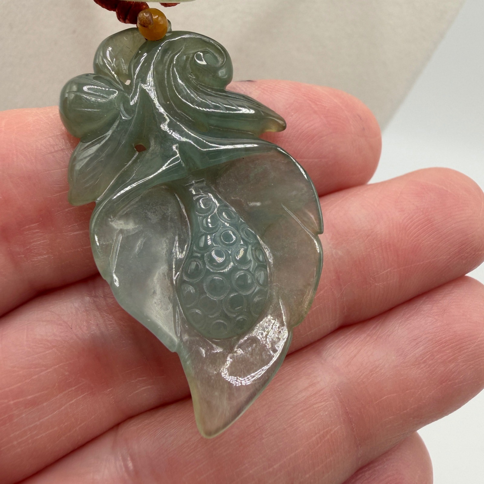 Carved Green Burmese Jadeite Jade Leaf Pendant Black Silk Cord Mixed Beads