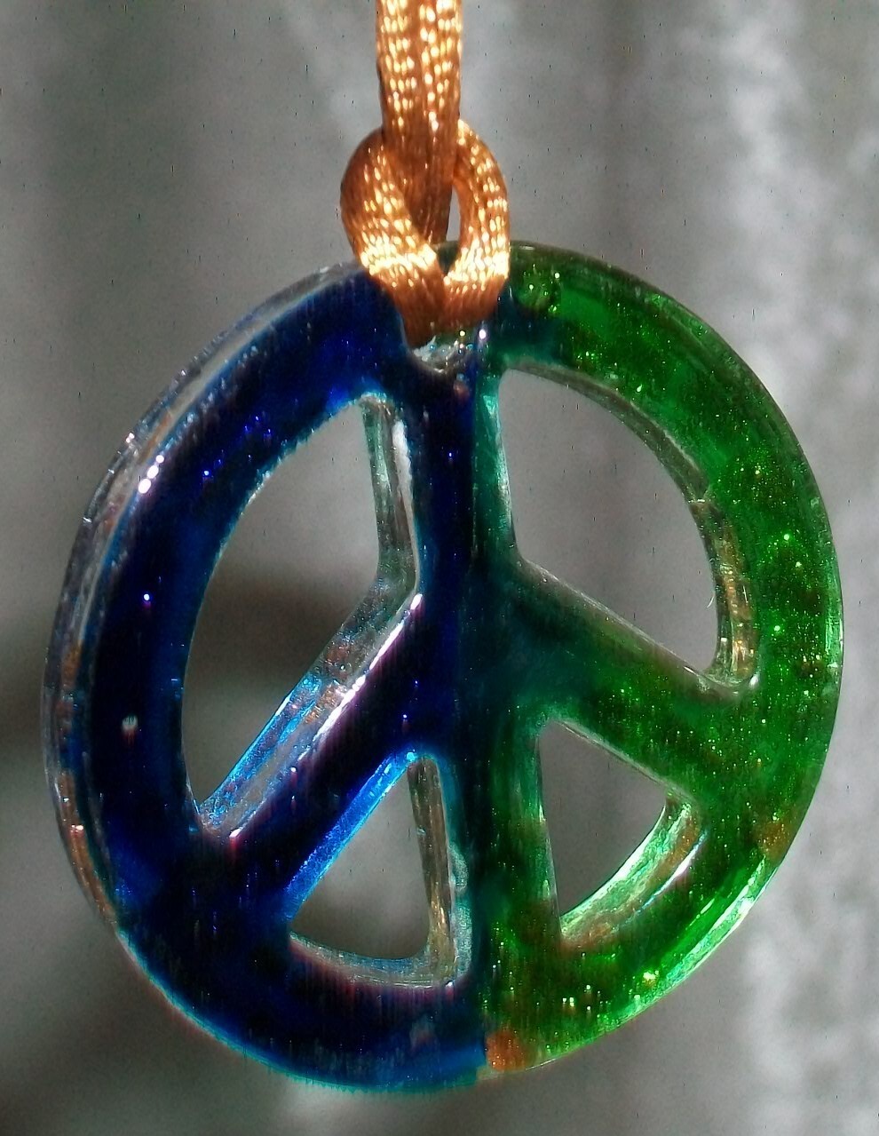 Blue Green Copper Peace Sign Art Glass Pendant Necklace Adjustable 38″ Silk Cord