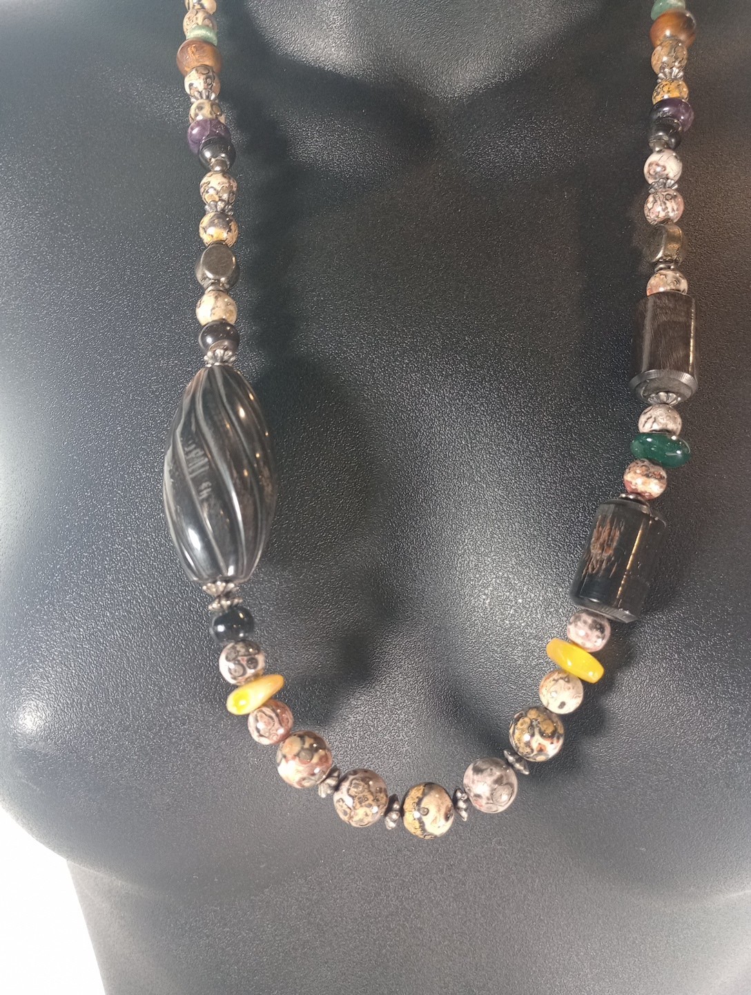 Long Earth Tone Beaded Necklace Brown Black Jasper Look Artisan Boho Statement