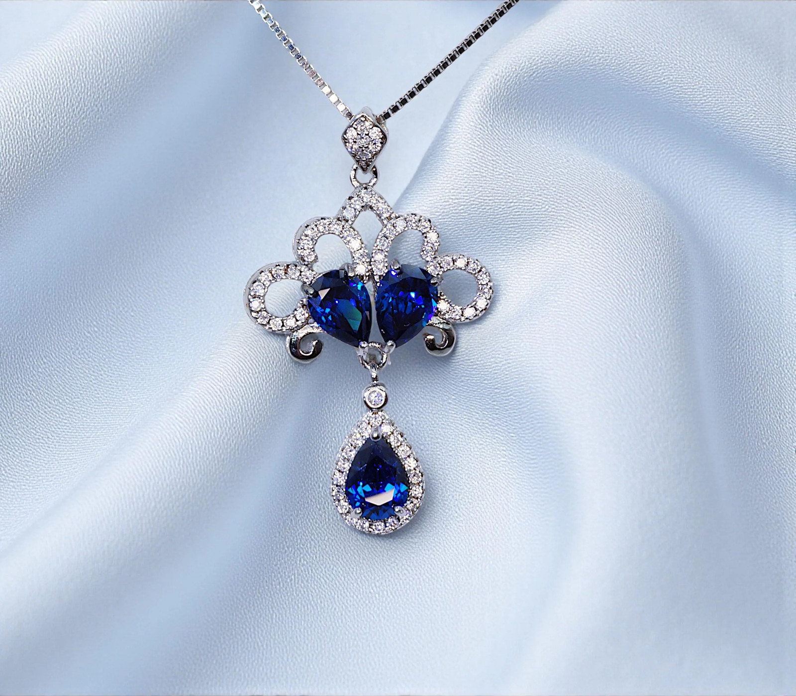 Blue Sapphire Peacock Flower Necklace Gemstone Tassel Teardrop Pear Multi