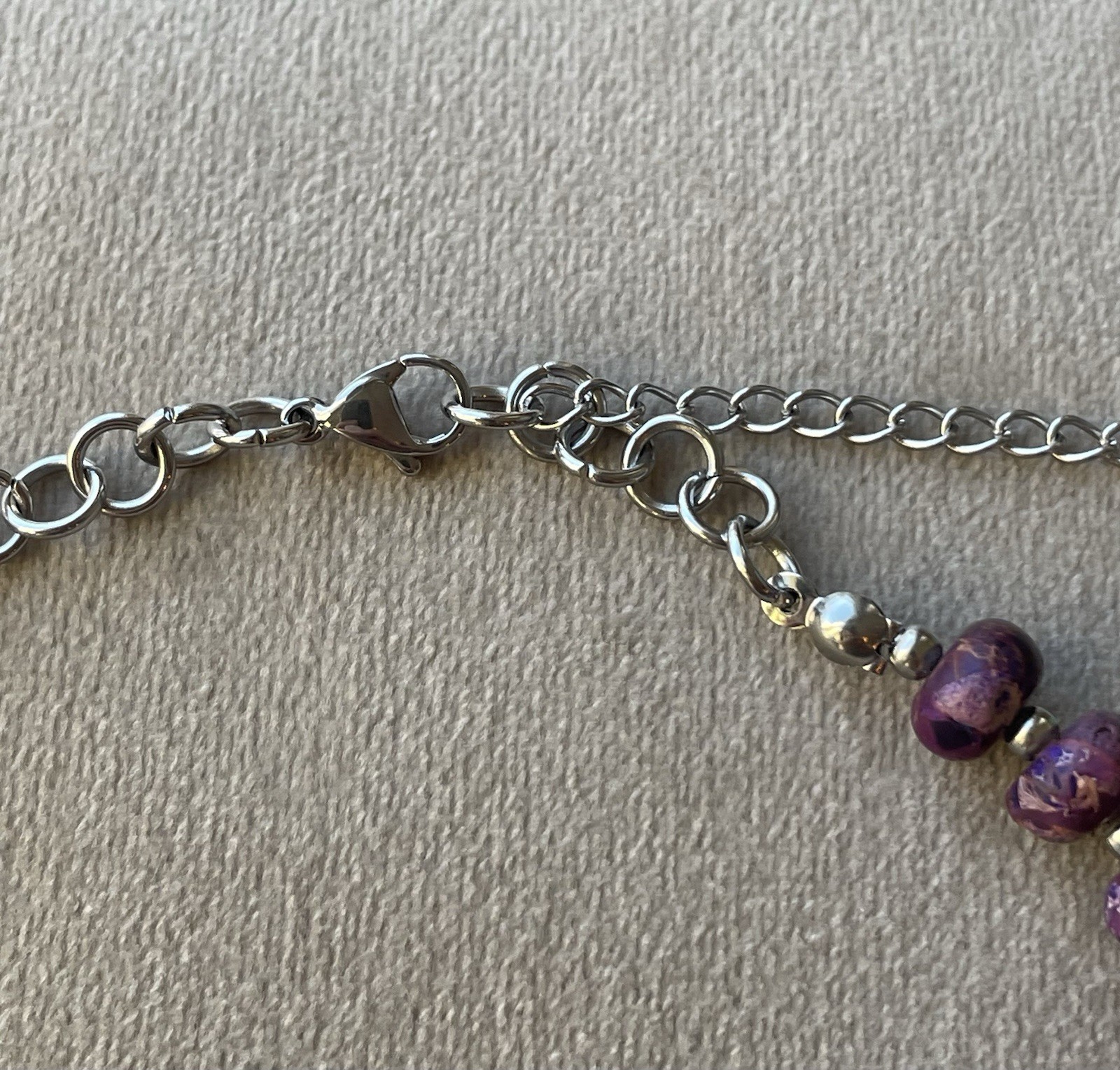 PURPLE DYED IMPERIAL JASPER Rondelle Beads Unisex Necklace 16.5” Stainless