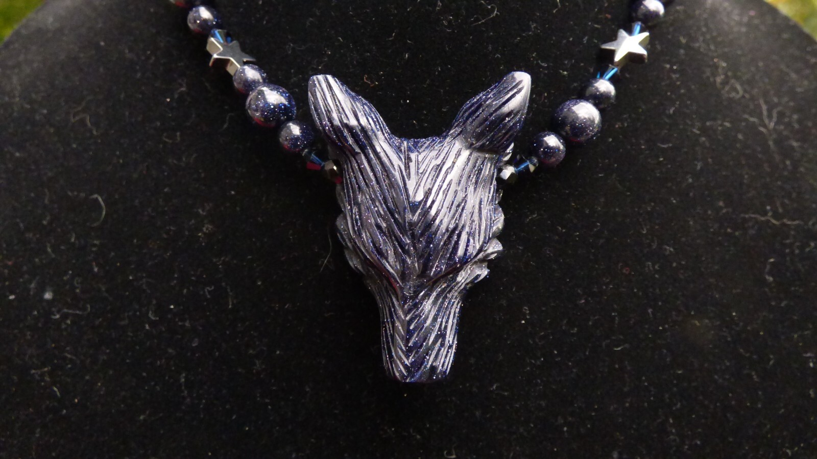 GOTH VAMPIRE WICCA SPIRIT BLUE SANDSTONE WOLF HEAD NECKLACE / CHOKER EARRINGS