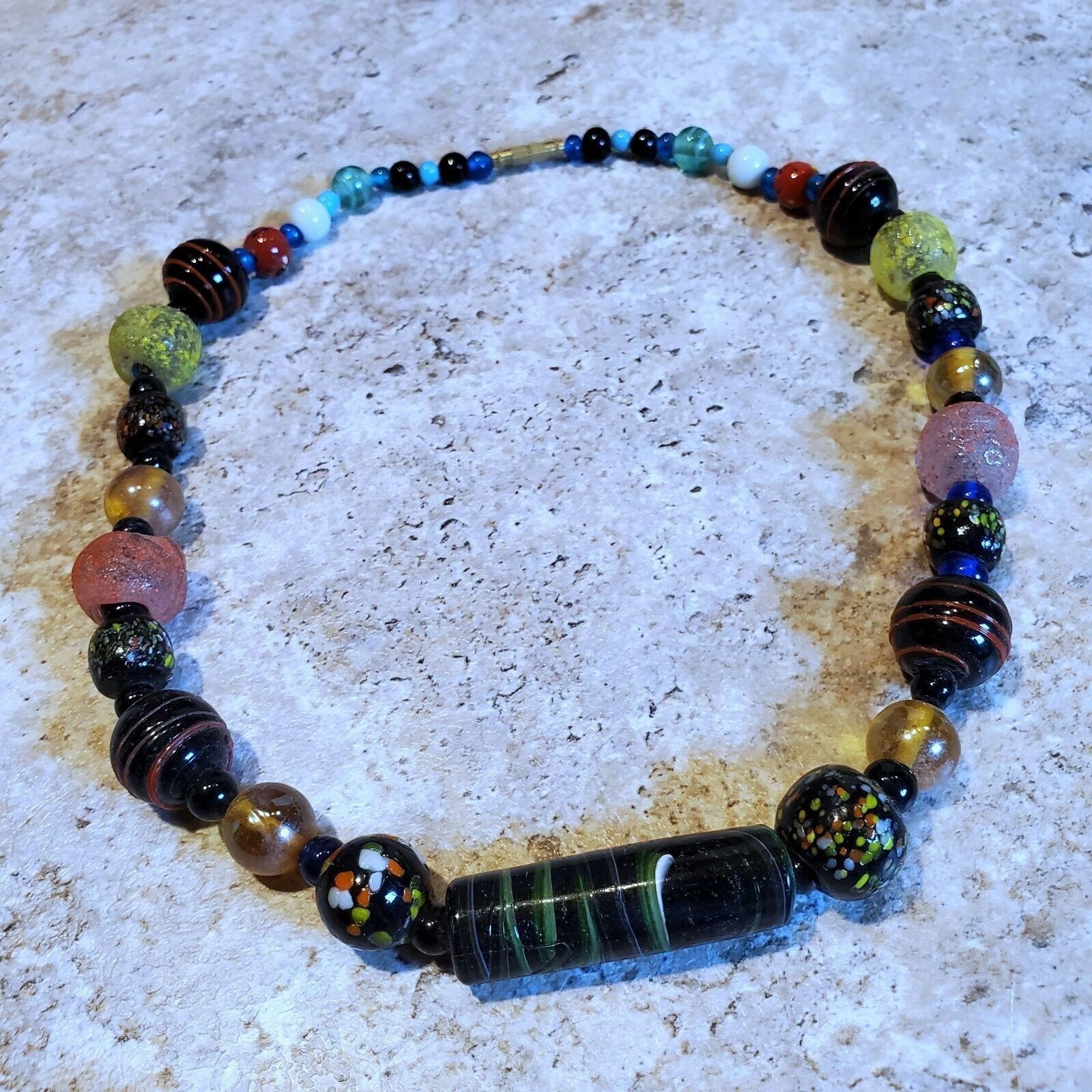 India Artisan Vintage 90s India Artisan Glass Beads Black Multi Necklace OOAK St