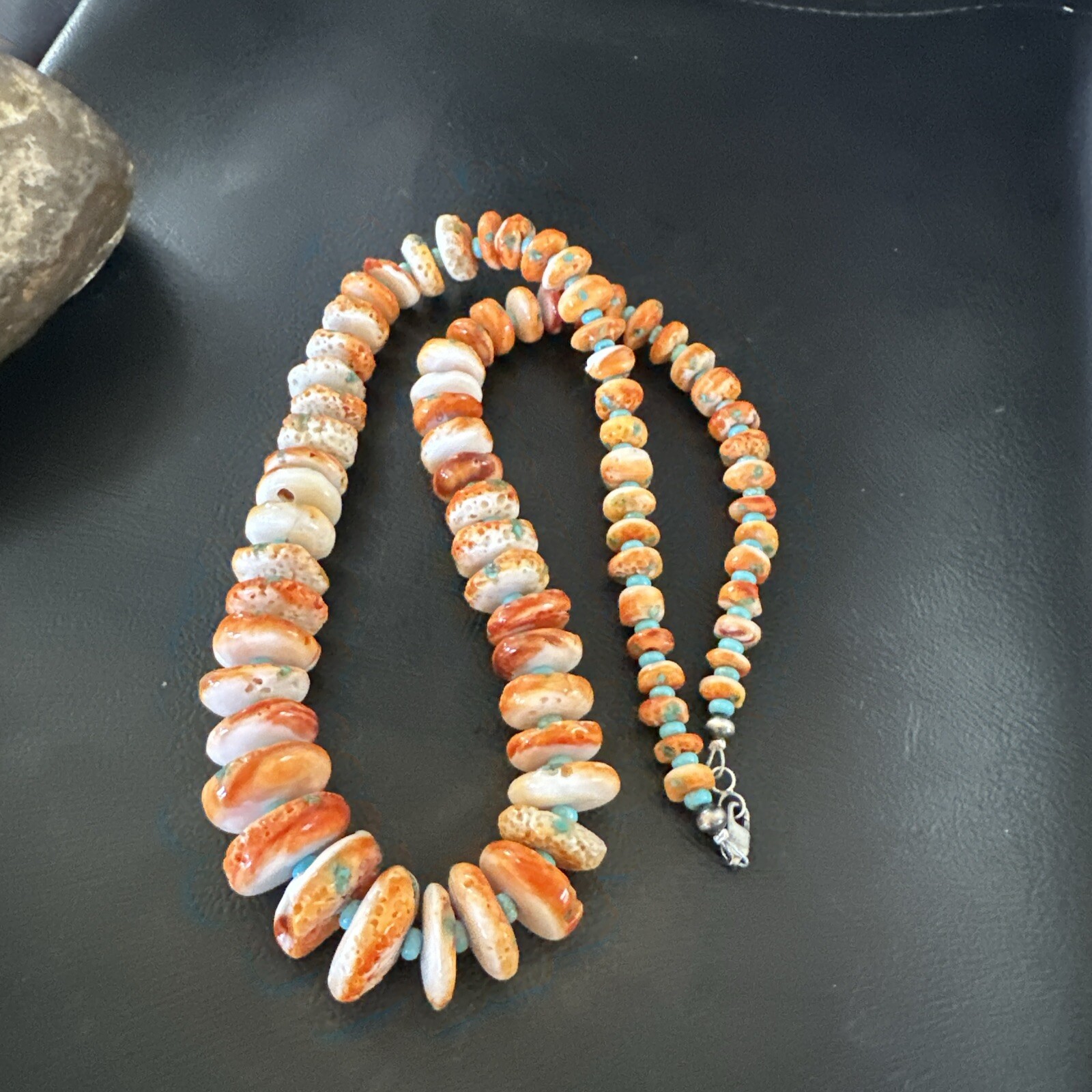 Orange Spiny Oyster Blue Turquoise Navajo Sterling Silver Necklace 23″ 18087