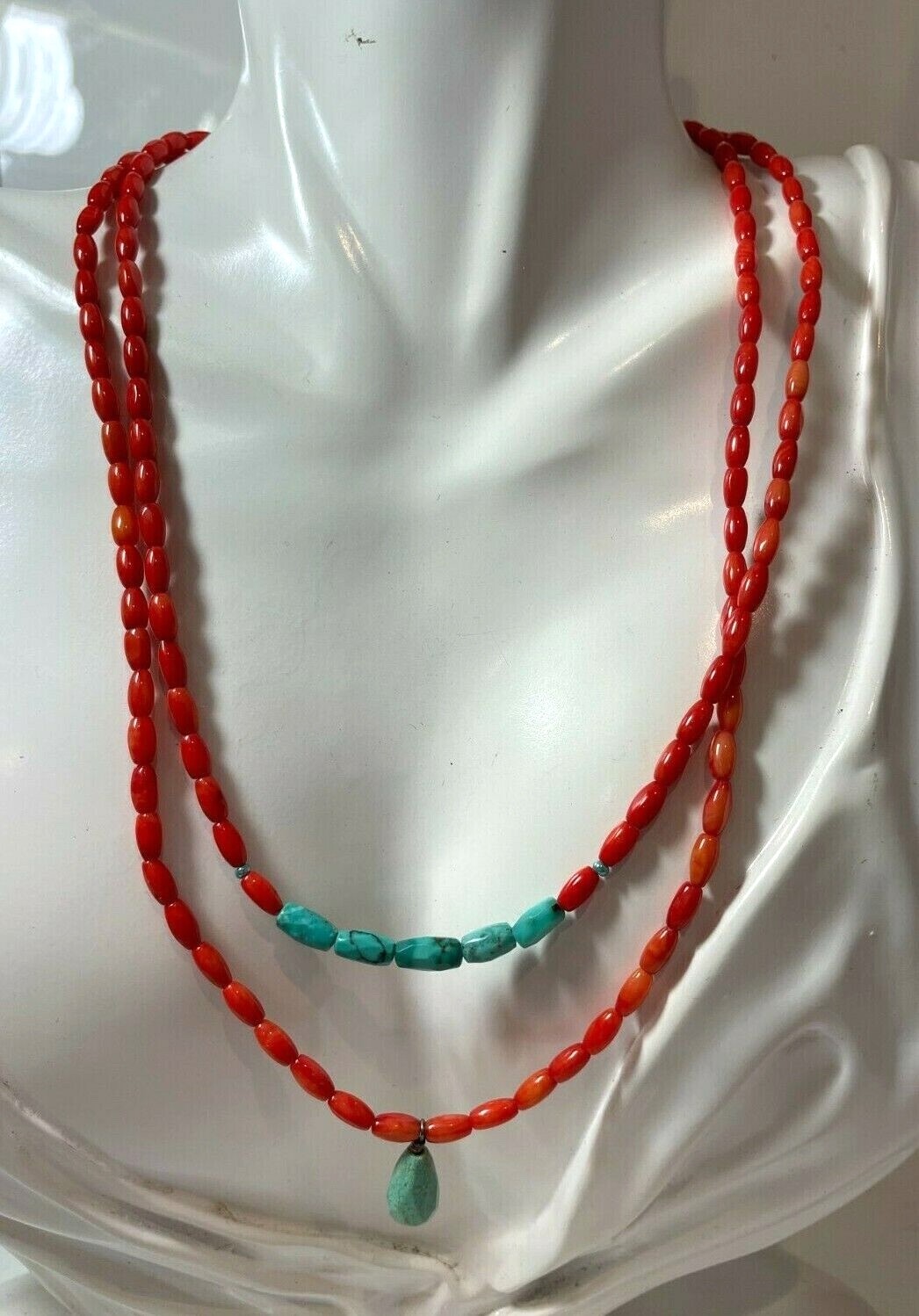 Vintage 2T Blue Faceted Turquoise Red Coral Rice Beads Necklace Ca 16.16