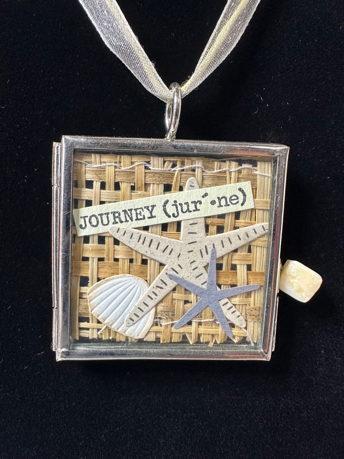 Handmade Glass Locket Mixed Media Collage Pendant Necklace Beach Shells Journey