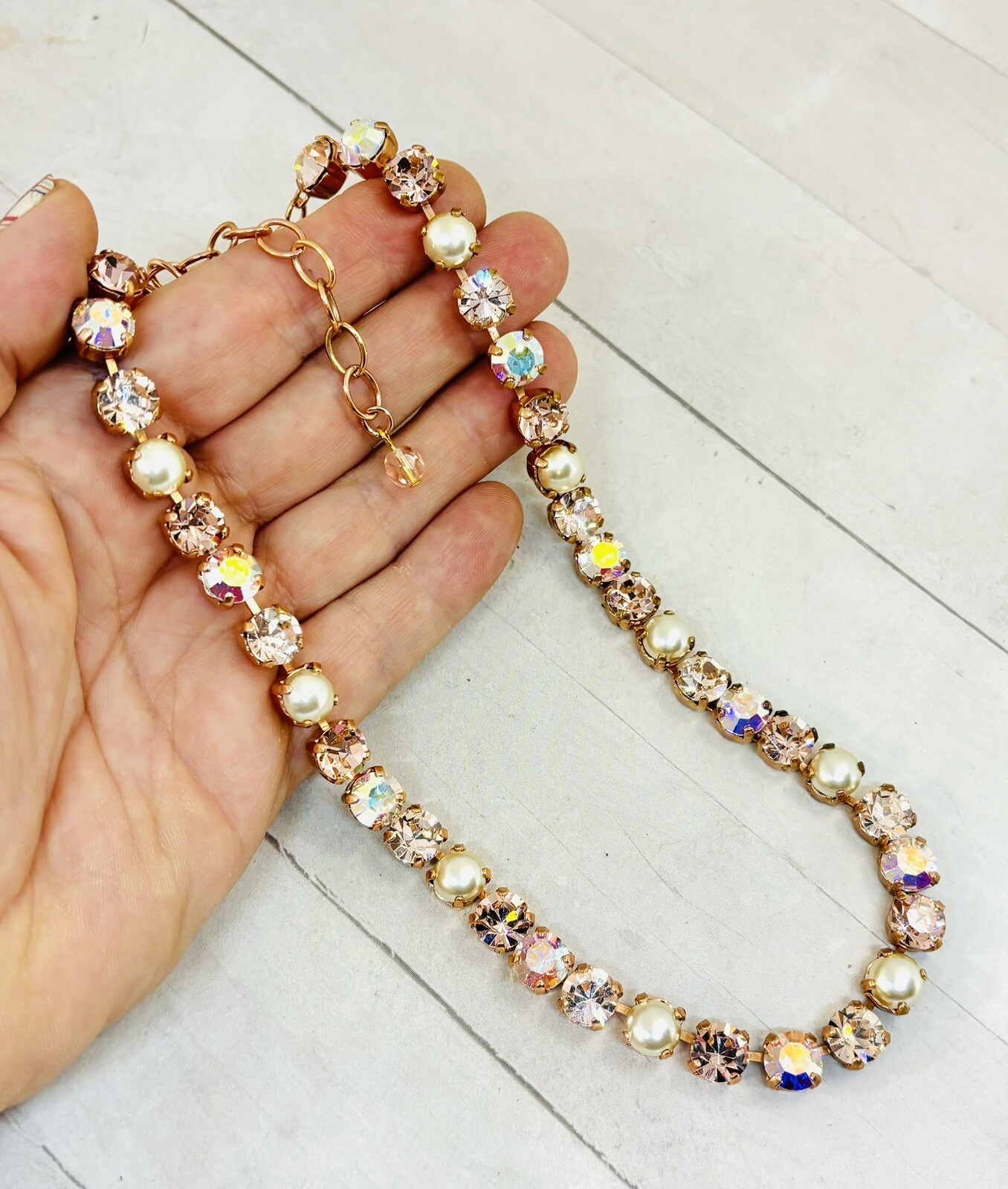 Rose Gold Plated Crystal AB and Creamy Pearl Cup Chain Necklace Vintage Rose