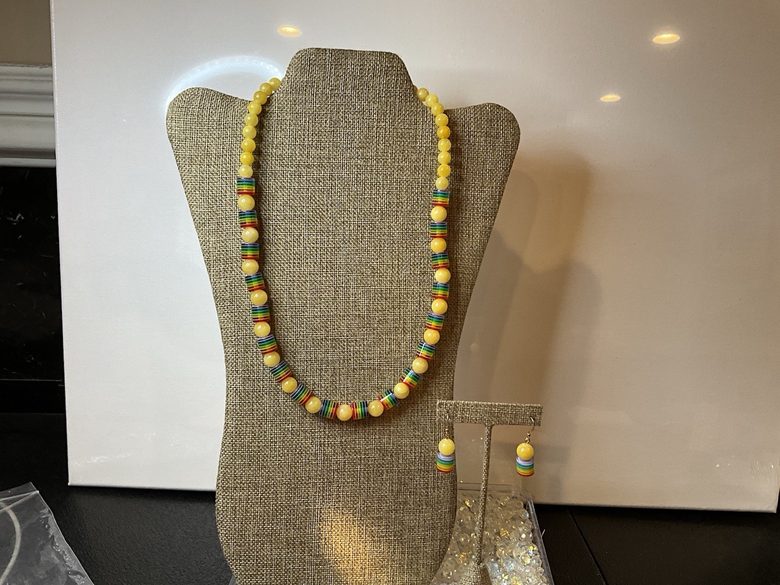 Handmade Yellow Chalcedony & PRIDE Cylinder Bead 22” Necklace 18k GP Earrings 19