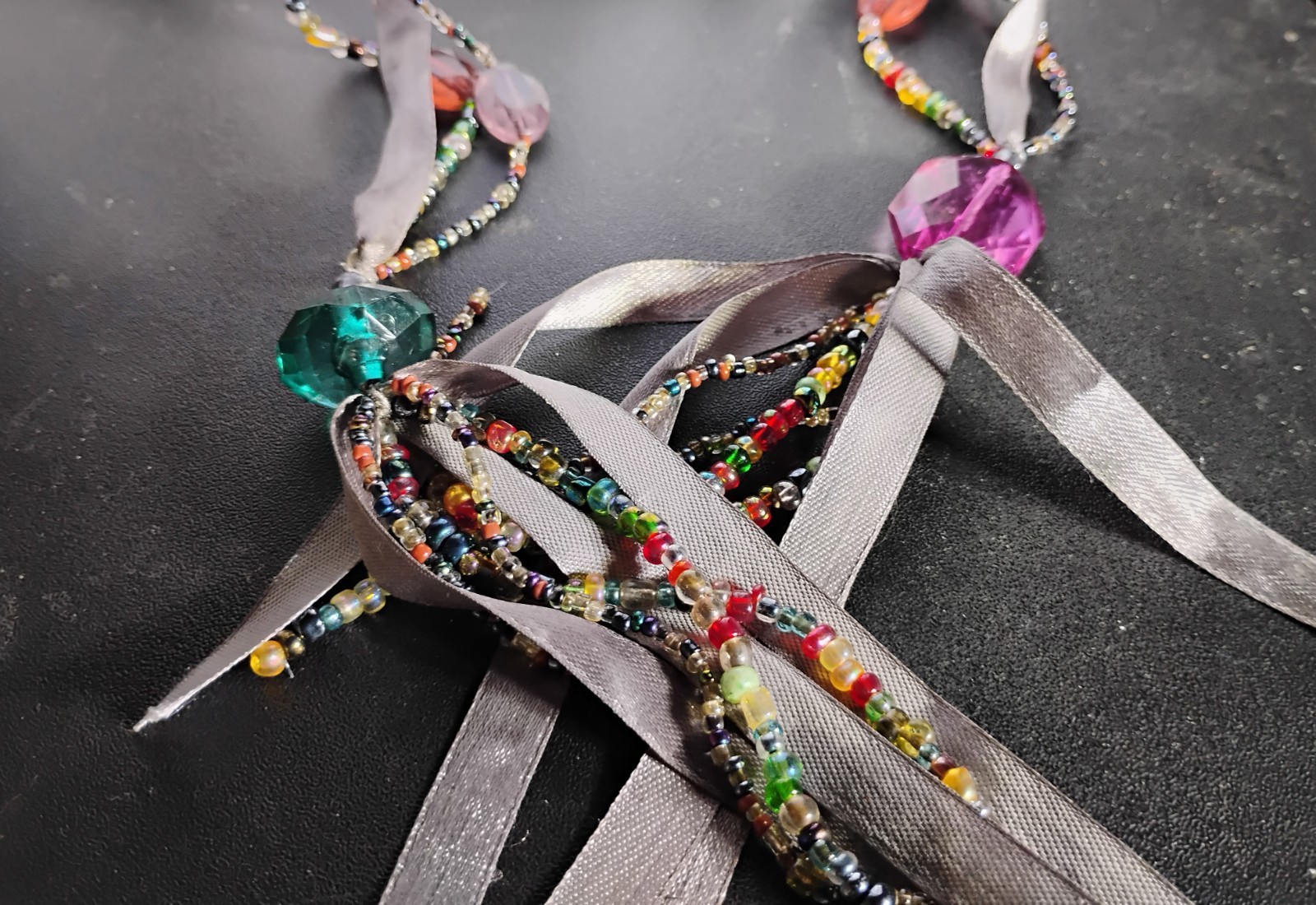 Unique Handmade Ribbon & Rainbow Bead Jewel Tone Floral Lariat 53″ Necklace