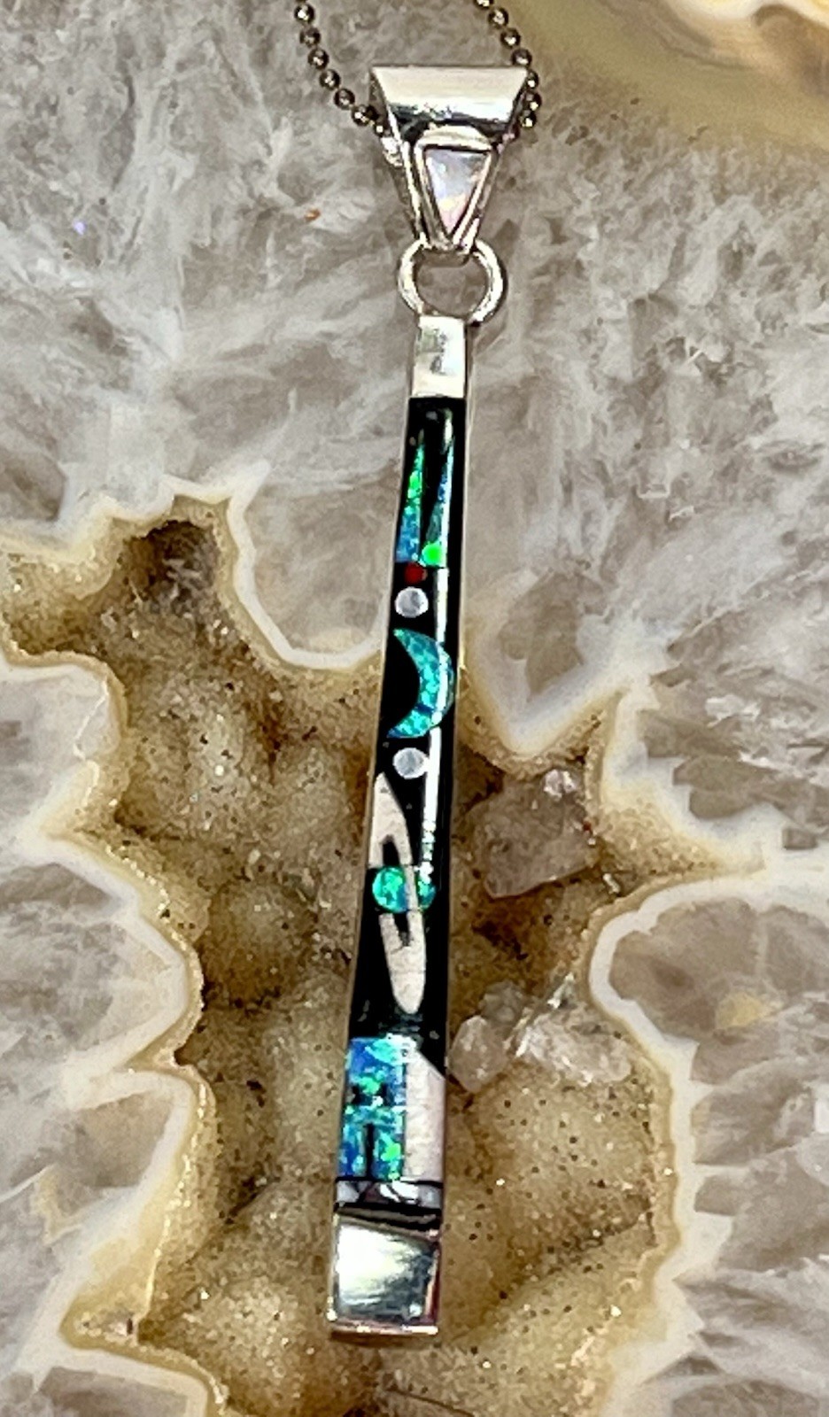 Micro Inlay Galaxy Mosaic Gemstone Fire Opal Sterling Silver Pendant Southwest