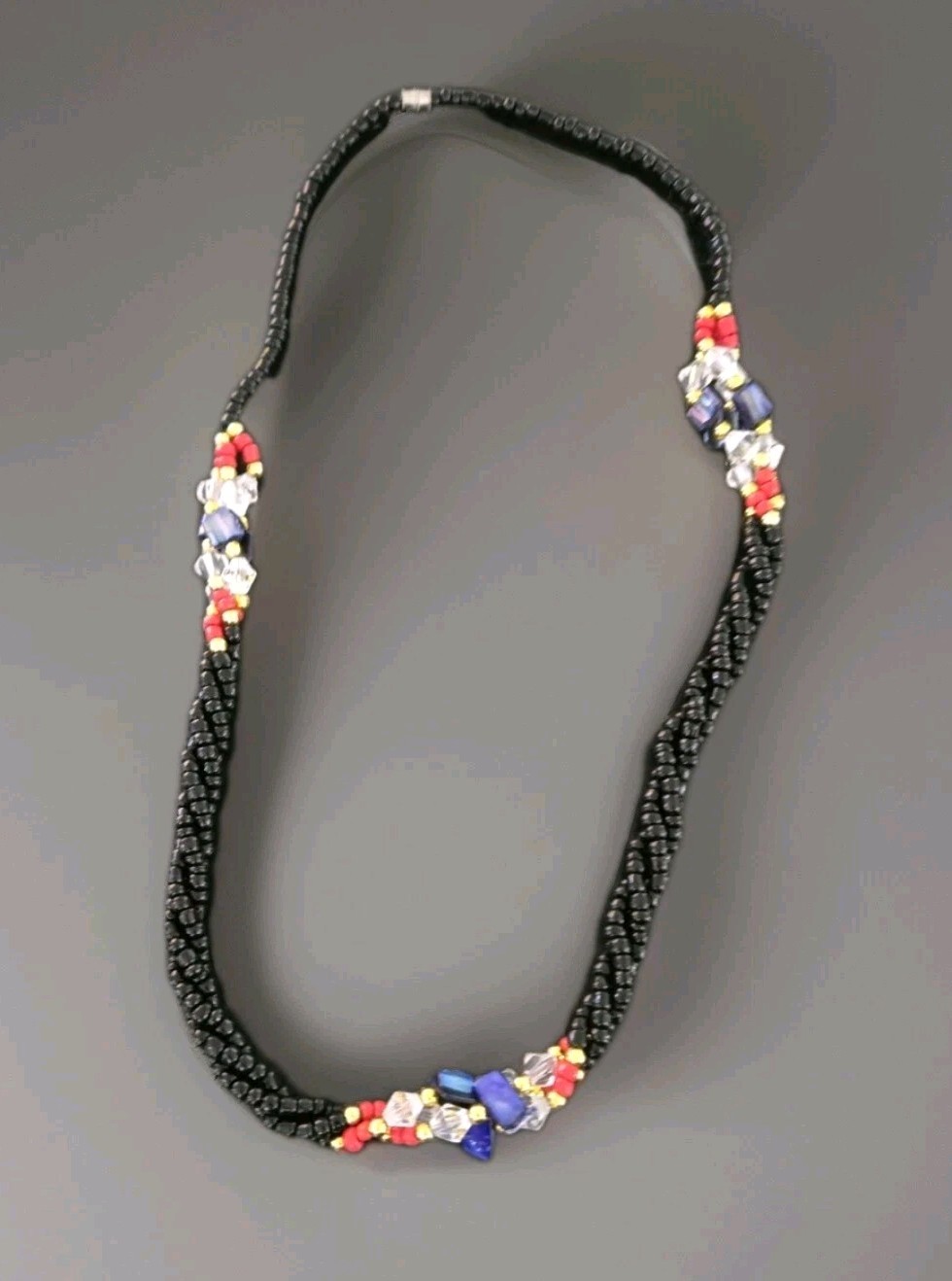Boho Beaded Necklace Black /Red/Blue/Clear Beads w/gold bead accents 11 in