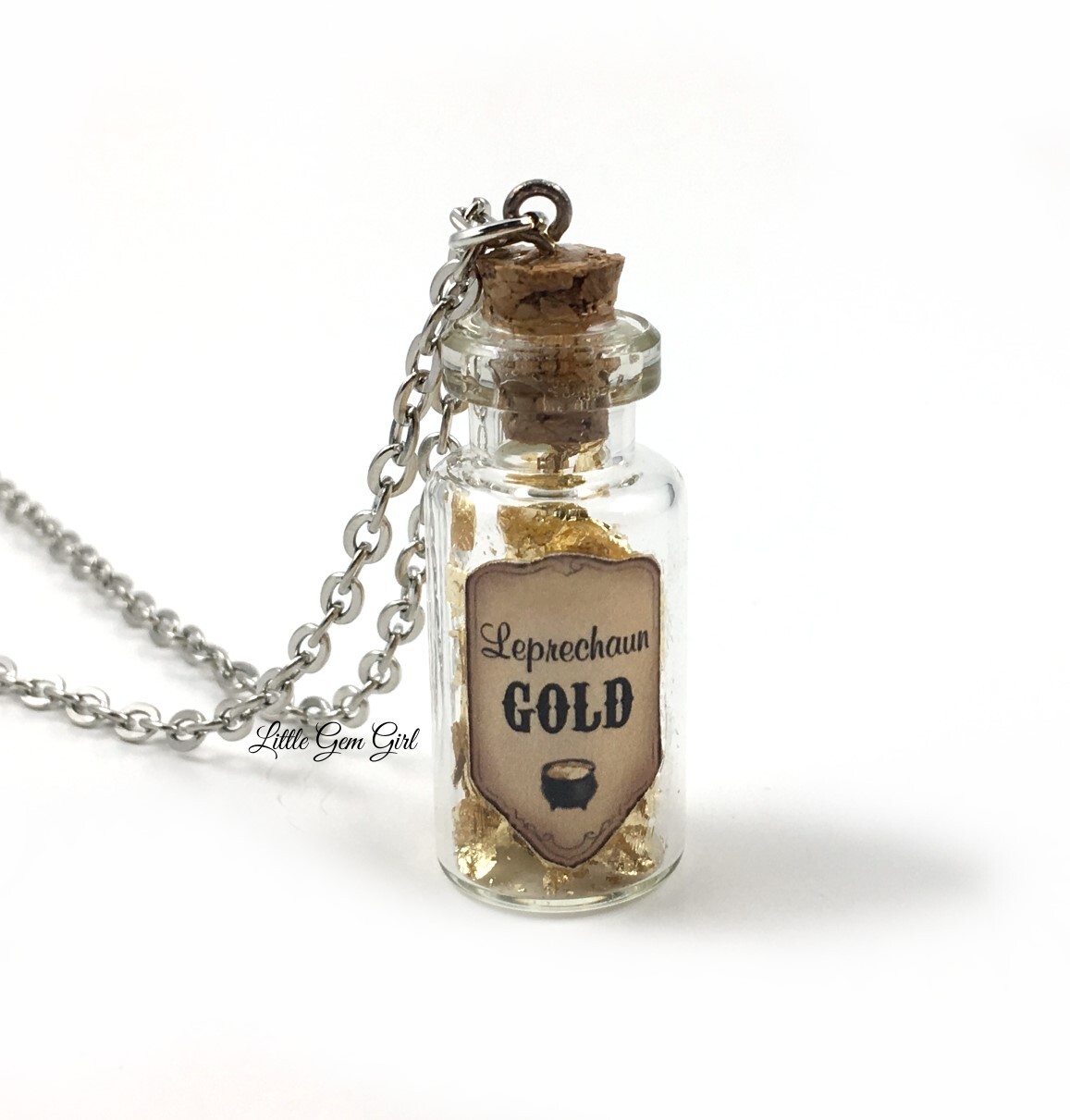 Leprechaun Gold St Patrick’s Day Mini Glass Vial Bottle Charm Necklace Lucky